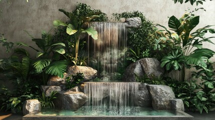 Serene Tropical Waterfall Display with Lush Green Foliage and Natural Rock Elements for Product Showcasing
