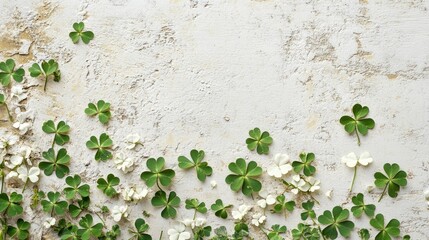 Festive shamrock pattern intertwined with white flowers on a weathered rustic background, perfect for St. Patrick's Day celebrations.