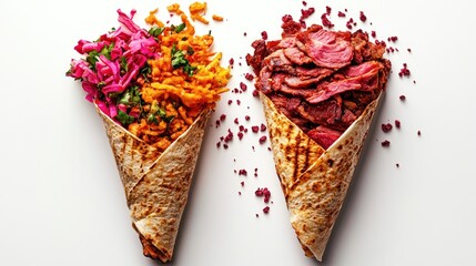 Delicious shawarma and doner kebab served in cone-shaped wraps with vibrant garnishes of pickled vegetables and colorful rice on a clean white background.