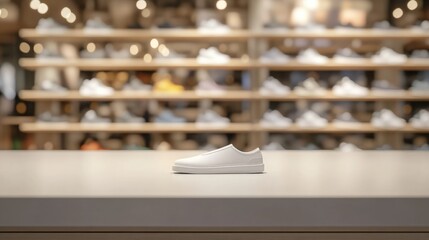 Minimalist empty desktop foreground with a single white shoe, blurred shoe store display in the background featuring multiple sneakers on shelves.