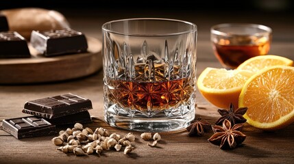 Fototapeta premium Whiskey glass with rich amber liquid surrounded by citrus slices, dark chocolate, star anise, and barley grains set on a rustic wooden table.