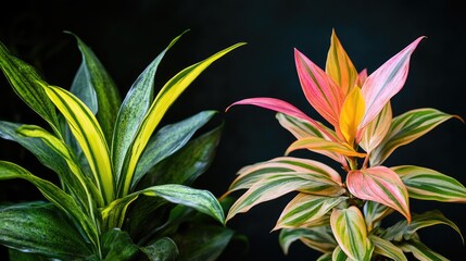 Vibrant foliage of two unique plants side by side, featuring striking green and yellow leaves contrasted with colorful pink and orange striped leaves.