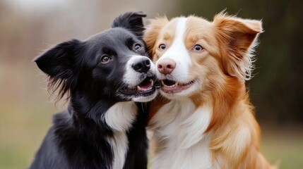 Fototapeta premium Two playful dogs with black and tan fur colors sharing a curious and affectionate moment in a natural outdoor setting.