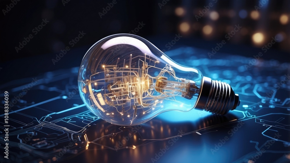 Aufkleber in a virtual classroom, a futuristic shining lightbulb with a complex digital circuitry design repre