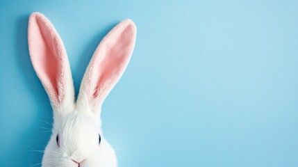Obraz premium Playful bunny ears with soft pink interior set against a smooth blue background, creating a cheerful Easter-themed composition.