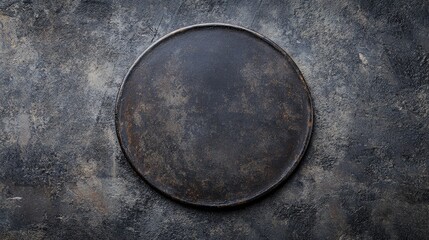 Rustic black cast iron plate on a textured dark concrete background with ample empty space for customizable text or design elements.