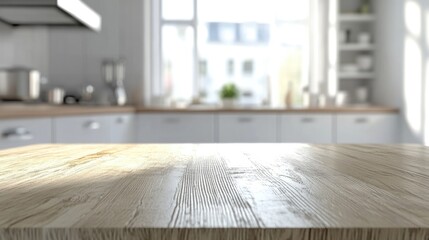 Bright and clean kitchen table surface with a blurred modern kitchen backdrop, perfect for product showcases and culinary presentations.