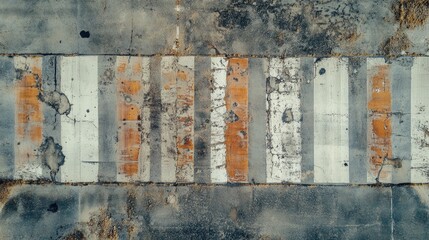 Aerial view of weathered tarmac surface featuring faded painted markings and signs of wear, showcasing a blend of textures and colors.