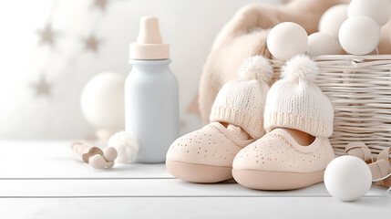 Cozy baby essentials soft shoes and accessories nursery lifestyle photography light and warm background calm atmosphere parenting ideas