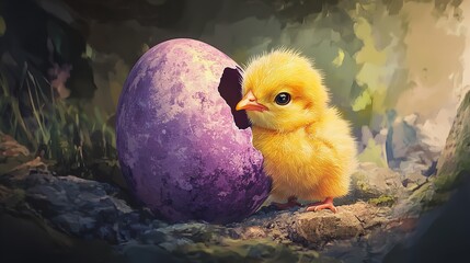 A Newborn Chick Emerging from a Cracked Eggshell in a Spring Meadow