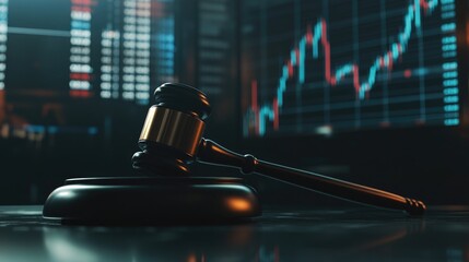 Gavel on a wooden base with stock market graphs in the background, representing legal and financial themes in a professional setting.