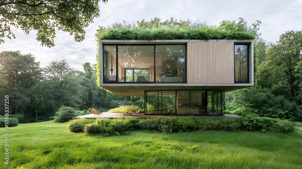 Aufkleber This image showcases a sustainable architecture project that focuses on eco friendly construction solutions highlighting the use of green building materials such as wood glass