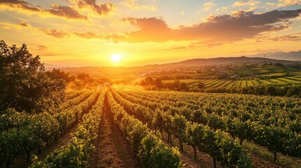 Fototapeta premium Farmer using a sprayer machine for pest control in a vibrant fruit orchard at sunset, highlighting sustainable agricultural practices.