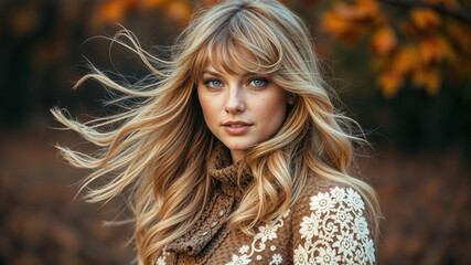 Naklejka premium Beautiful Woman with Blonde Hair in Autumn Setting