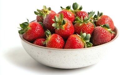 A bowl of ripe, succulent strawberries with vibrant red hues, Each strawberry's natural shine and sweetness captured in exquisite detail