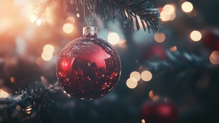 Close-up of a shiny red ornament hanging on a Christmas tree, with soft bokeh lights creating a warm and festive holiday atmosphere.