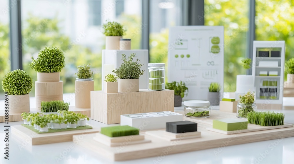 Poster innovative green building materials and sustainable design elements showcased in a modern high tech 