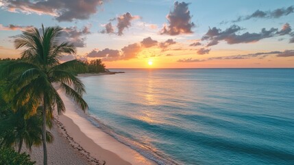 Tranquil tropical beach at sunset with calm blue waters, golden sands, and swaying palm trees, ideal for a peaceful getaway and relaxation.