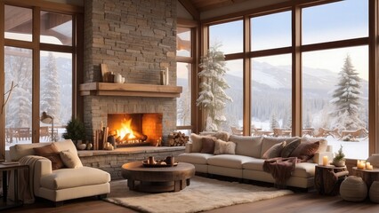 Naklejka premium An inviting ambiance is created by a warm, burning fireplace in a comfortable living room with lots of windows showing a snowy winter landscape outside.-