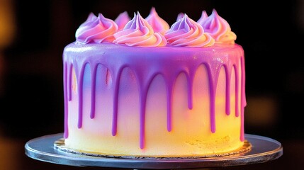 Pastel gradient birthday cake featuring vibrant drip frosting and swirled meringue peaks on top, creating a visually delightful and enticing dessert.