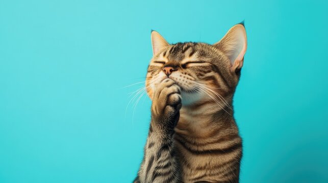Bengal cat enjoying a grooming session with a serene expression, set against a vibrant blue background highlighting its striking coat.