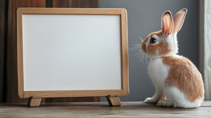 Young red and white bunny sitting beside a minimalist wooden-framed whiteboard, showcasing a serene and cozy indoor setting.