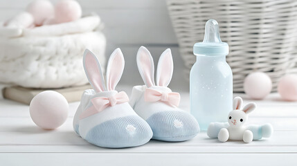 Baby shower celebration with adorable bunny-themed accessories cozy nursery setting photography whimsical vibe cherishing childhood moments