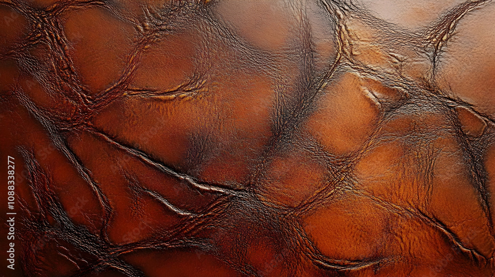 Aufkleber close-up of a distressed brown leather texture with deep creases and wrinkles, featuring an intricat