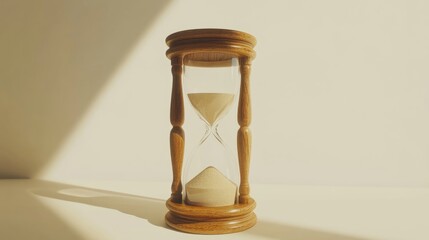 Elegant wooden hourglass with smooth curves, filled with fine sand, resting on a soft light background, artistically representing the passage of time.