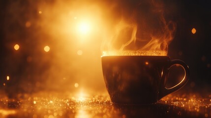 Steaming coffee cup radiating warmth and energy, surrounded by a soft, glowing ambiance, inviting a revitalizing morning experience.