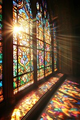 Obraz premium Stunning Stained Glass Windows with Sunlight Streaming Through in a Historic Cathedral Interior