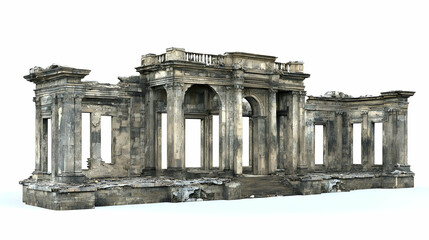 Obraz premium 3D Render of Ruined Ancient Stone Building with Archways and Columns Isolated on White Background