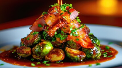 Caramelized Brussels sprouts topped with honey glaze, crispy ham, and fresh parsley served on a white plate.