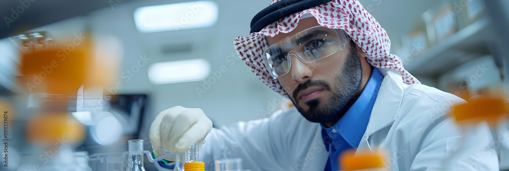 Poster focused scientist carefully examining a sample in a modern laboratory setting