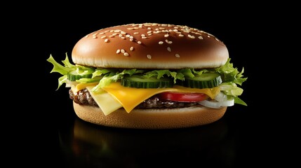 Delicious burger stacked with fresh lettuce, cheese, cucumbers, onions, and tomatoes, highlighted against a sleek black background.