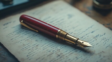 Elegant red fountain pen positioned on textured paper, symbolizing luxury in writing with its classic polished design and artistic craftsmanship.