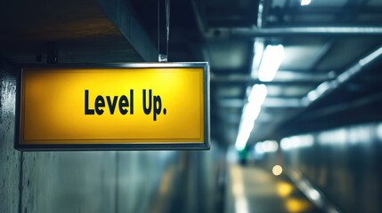 Bright yellow signboard on a metal frame hanging in a dimly lit corridor, featuring the bold phrase "Level Up" in black letters.