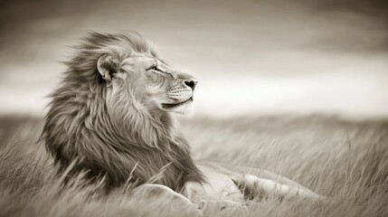 Portrait of a regal lion in profile, showcasing detailed mane and contemplative expression against a soft, blurred background.