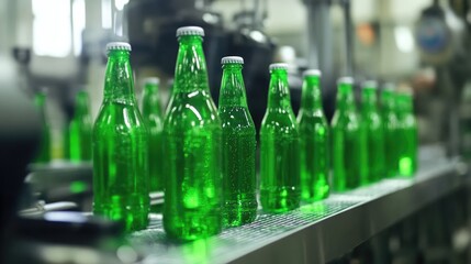 Bottling line featuring green glass bottles ready for carbonated beverage processing on a production conveyor belt.