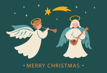 Merry Christmas. Card Template with Cute Angels. Vector Illustration in Trendy Retro Style © Elena