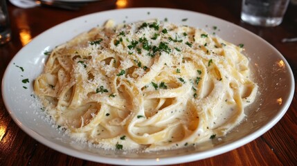 Creamy Fettuccine Alfredo garnished with freshly chopped parsley and a generous sprinkle of Parmesan cheese on a white plate.