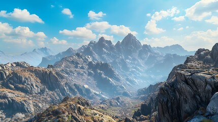 A rugged mountain range with jagged peaks reaching into the sky, under a clear blue horizon.