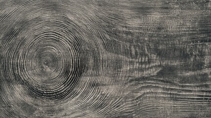Detailed close-up of a felled tree trunk showcasing intricate black and white tree rings on a warm gray cut wood texture with rough organic patterns.