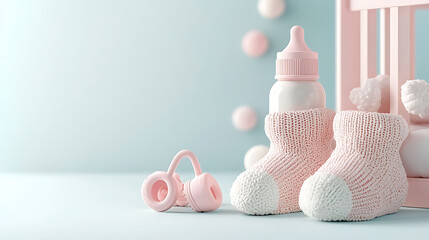 Baby essentials cozy booties and bottle nursery setting still life soft color palette gentle atmosphere childhood concept