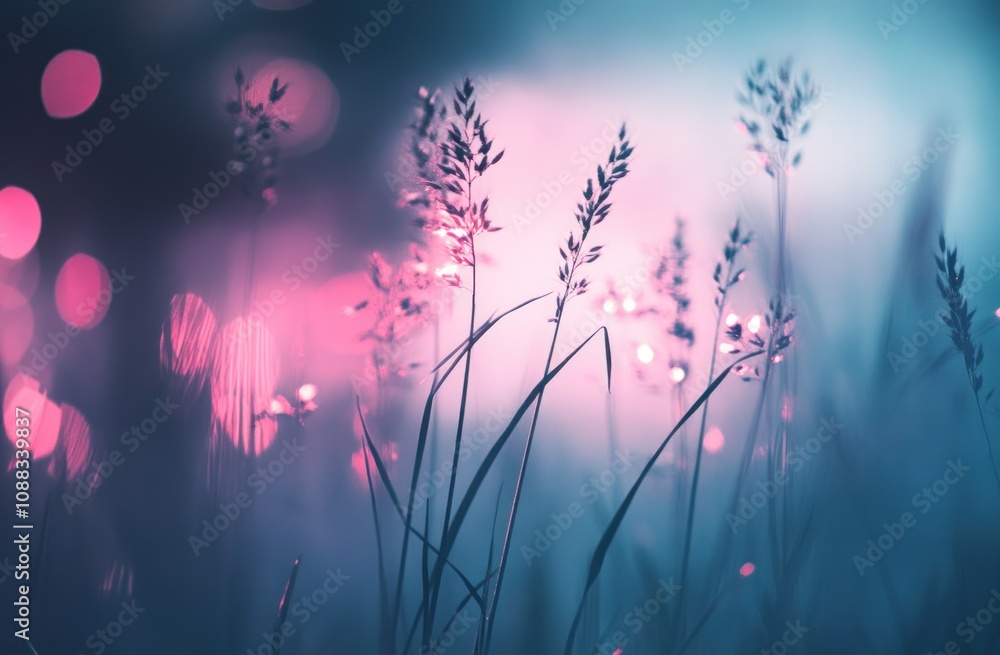 Poster a serene close-up of grass with a dreamy bokeh background in soft pink and blue hues.
