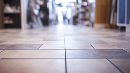 Obraz premium Shopping for floor tiles with a focus on textured tiles for floors, walls, and bathrooms in a softly blurred retail setting.