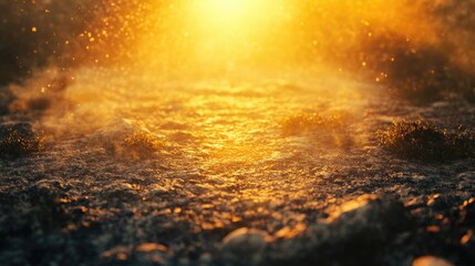 Radiant Sunlight Illuminating Misty Surface with Natural Elements and Textures in Warm Tones