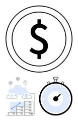 Dollar symbol in a circle cloud storage with database and stopwatch. Ideal for finance, cloud computing, time management, efficiency, productivity, business, technology. Line metaphor