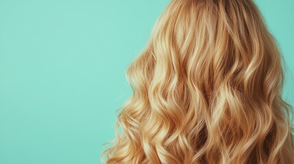 Naklejka premium Long, wavy blonde hair cascading down against a mint green backdrop, highlighting vibrant color and healthy texture, ideal for hair care concepts and advertising.