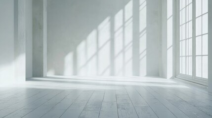 Minimalist white room with wooden floor and large windows, providing a bright, open space perfect for interior design projects and product showcases.
